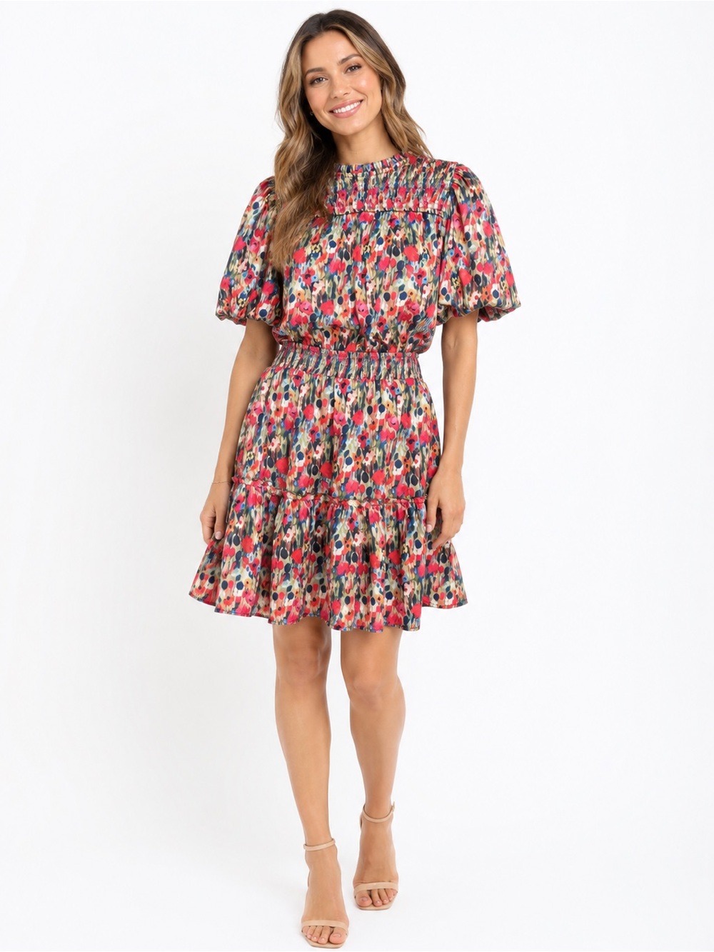TCEC Multicolor Smocked Floral Puff Sleeve Dress- Sz Small